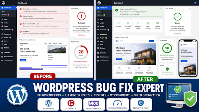 fix wordpress errors, bugs, woocommerce and elementor problems