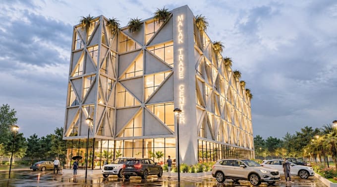 reference to cgi render,commercial complex,parking lot,apartment exterior design