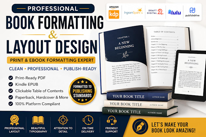 format your book for amazon KDP, kindle, ingramspark, draft2digital and lulu