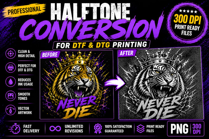 create, vectorize print ready halftone artwork for dtf and dtg printing