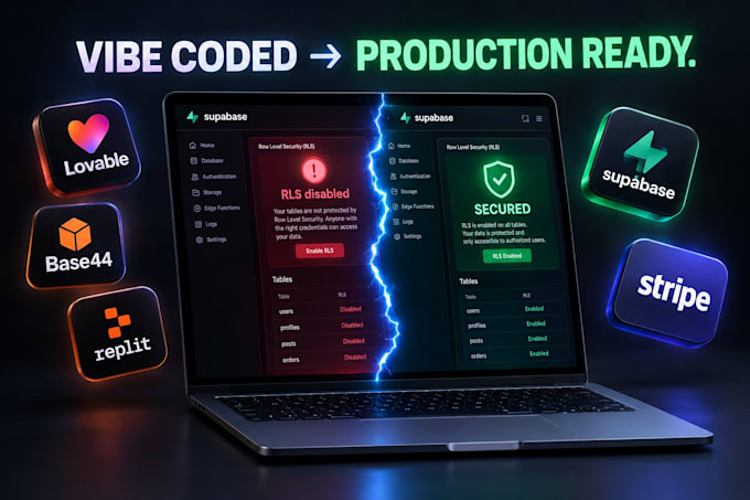 vibe fix lovable base44 replit web app, supabase rls and auth security