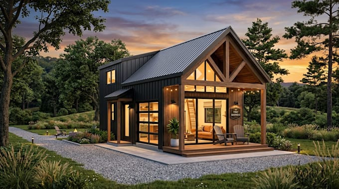 create tiny house design, modern home plan and photorealistic 3d rendering