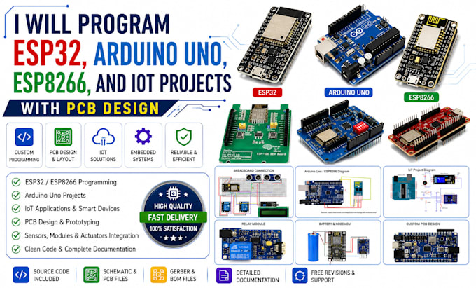 program esp32, arduino uno, esp8266, and iot projects with pcb design