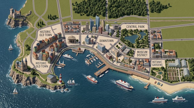 create landmark map, museum map, tourist navigation map, film set map, river map
