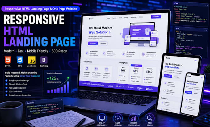 create a responsive HTML landing page or one page website