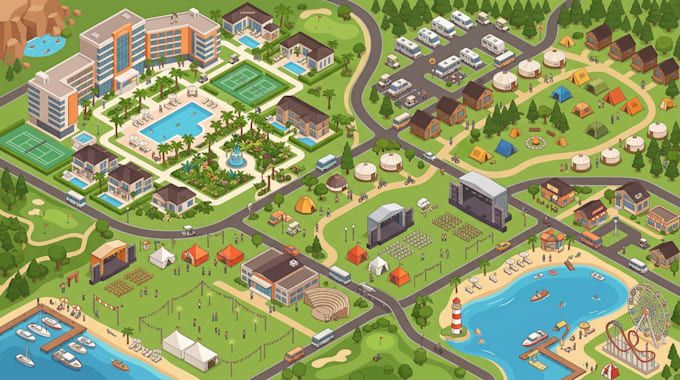 create 3d isometric resort, campground, tourist and event maps
