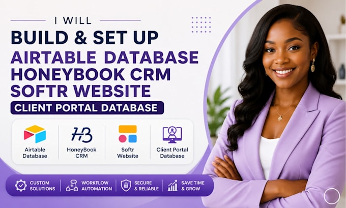 build airtable database, honeybook crm, softr website, client portal database