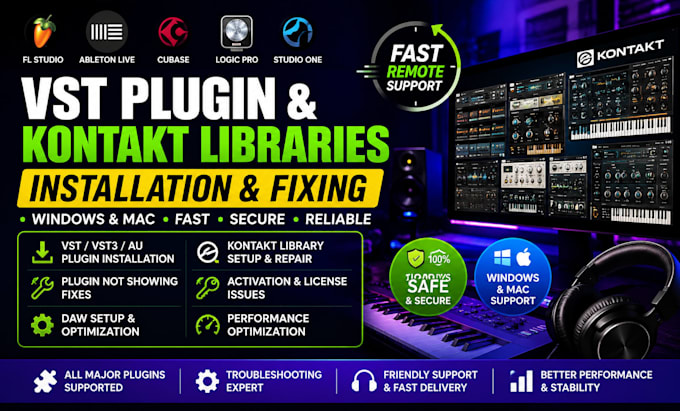 install fix vst plugins, kontakt libraries, fl studio, ableton, cubase logic pro