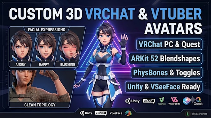 create custom 3d vrchat avatar or vtuber model with toggles, rigging, lip sync