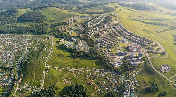 render 3d aerial master plan layout, urban development, landscape visualization
