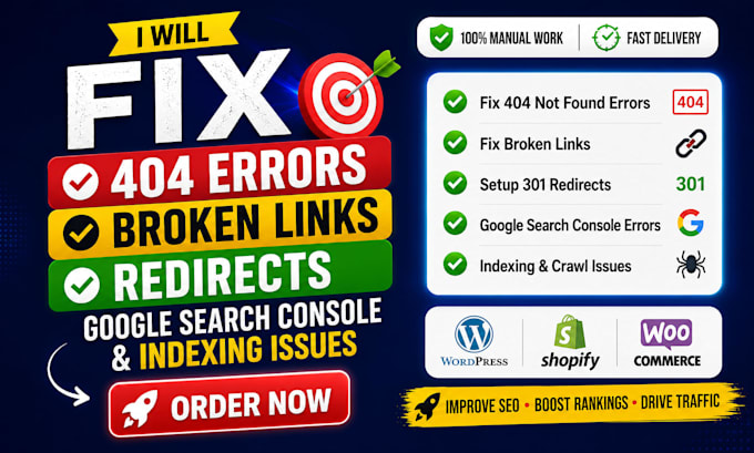 fix 404 errors, broken links, redirects, google search console, indexing issues