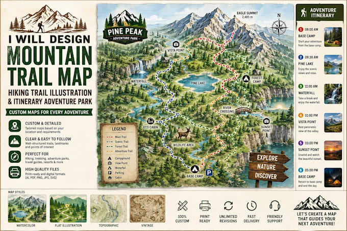 design mountain trail map hiking trail illustration itinerary adventure park
