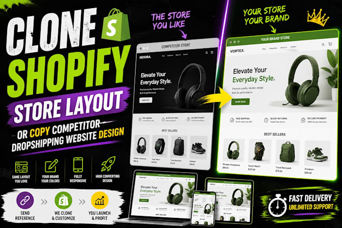 clone shopify store layout or copy competitor dropshipping store website design