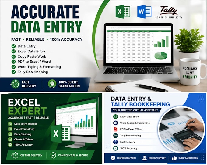 accurate data entry, excel, word and tally bookkeeping