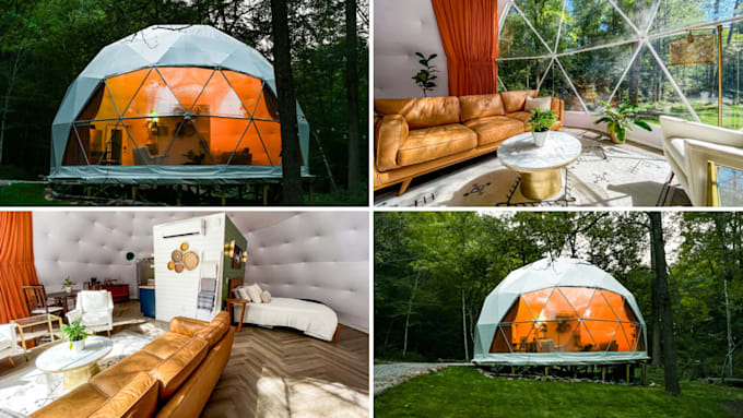 design geodesic dome, glamping dome, tiny home with realistic 3d rendering