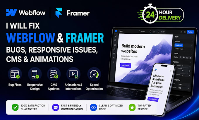 fix webflow and framer bugs, responsive issues, cms and website edits