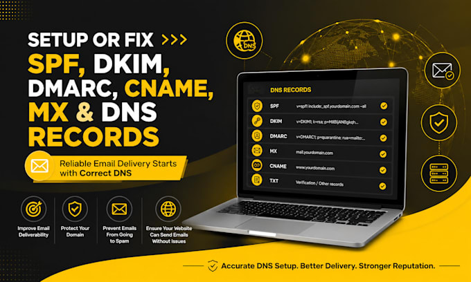 setup or fix spf, dkim, dmarc, cname, mx and dns record