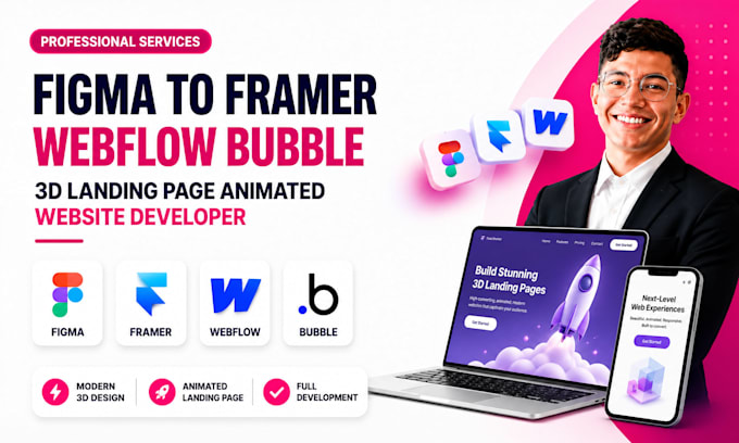 design figma to framer webflow bubble 3d landing page animated website developer