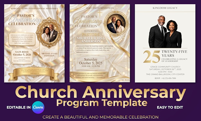 church anniversary program template design, editable canva church program
