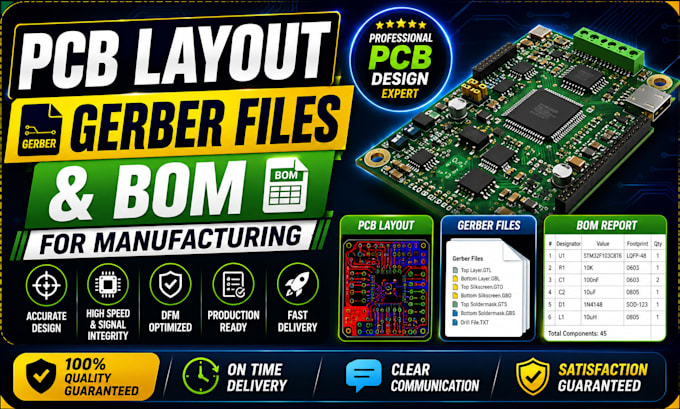 do pcb layout, gerber files and bom for manufacturing