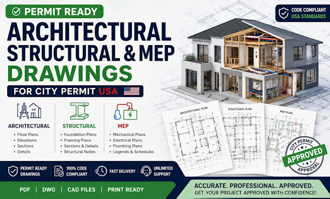 do permit ready architectural, structural, and mep drawings for city permit USA