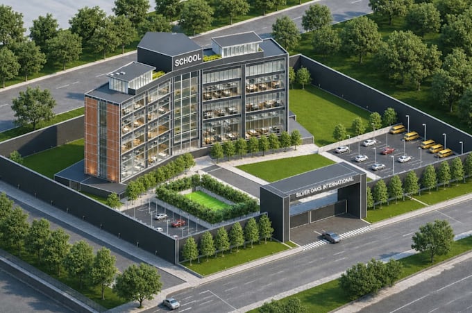 render 3d educational building,academic block interior, modern school cgi visual