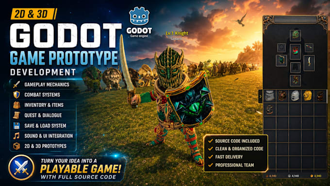 develop a playable prototype 2d or 3d games in godot engine with source code