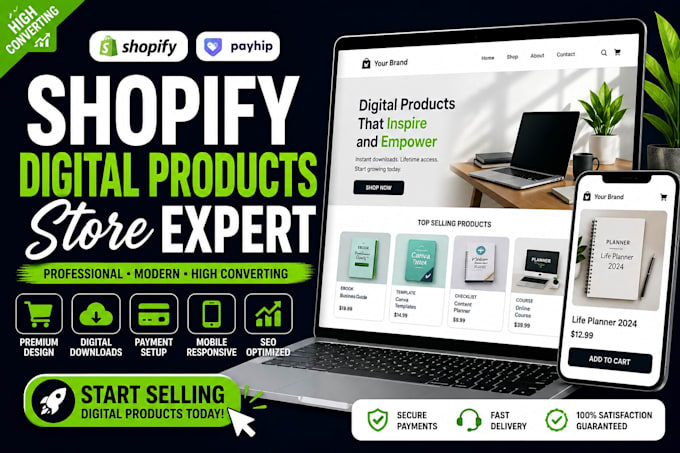 build a high converting shopify digital products store or payhip website