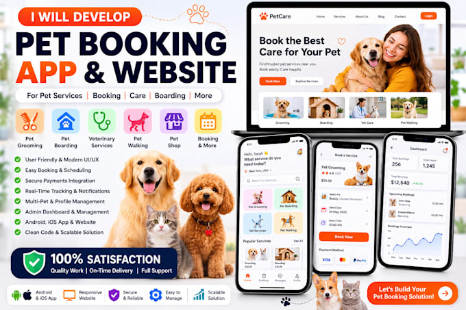 develop ai pet booking app, pet care app, and pet services website