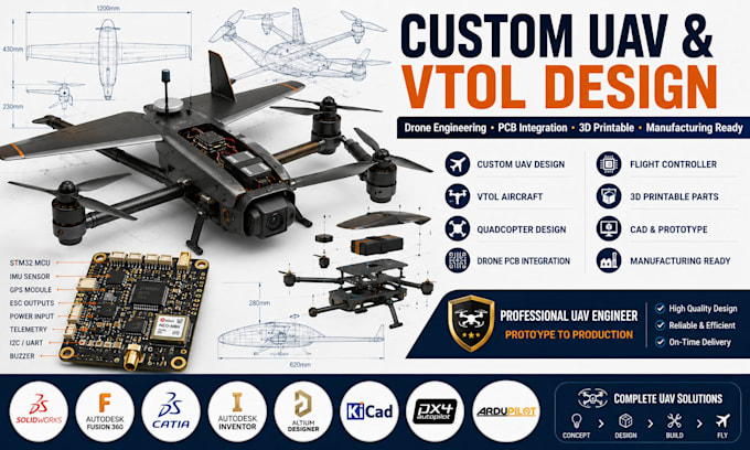design manufacture custom uav, vtol, quadcopter, drones and 3d printable uav