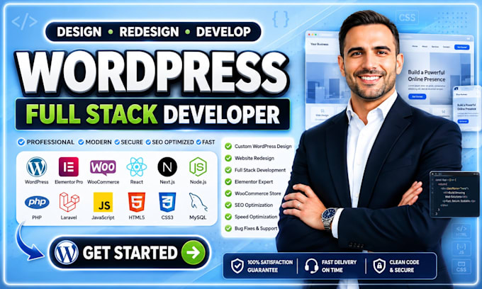 design redesign wordpress website, website development as a full stack developer