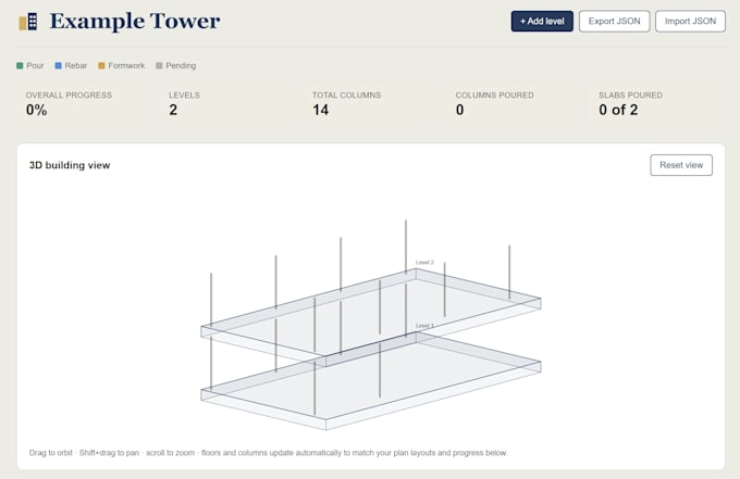 build a 3d construction progress tracker with plan editor