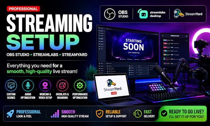 obs, streamlabs, or streamyard for professional live streaming and podcasts