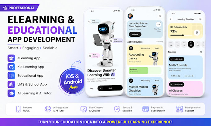 develop e learning app, kid learning app, educational app, lms app, ai learning