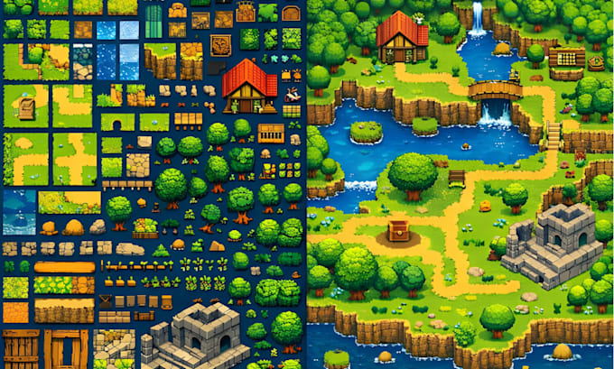 create pixel art asset pack tilesets, game map pixel character sprites