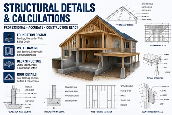design foundation plan, wall, deck and roof framing details