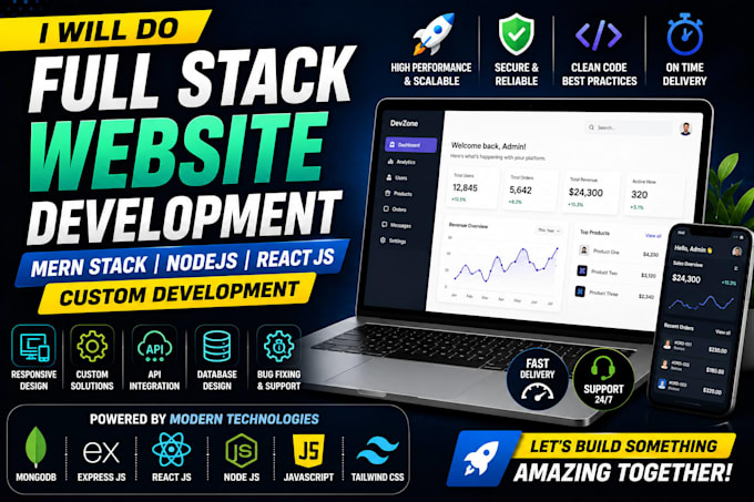 do full stack website development in mern, nodejs, react js, custom development