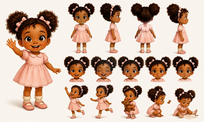 design whimsical children book character pose sheet and expression sheet