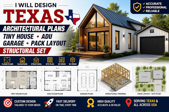 design texas architectural tiny house adu plan garage pack layout structural set