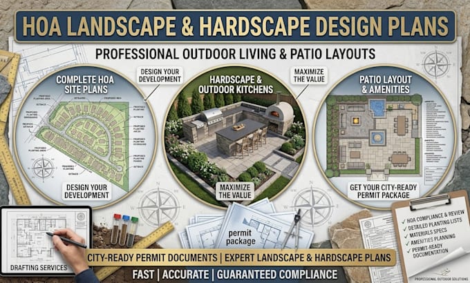 do hoa landscape design, outdoor kitchen hardscape and patio layout plan