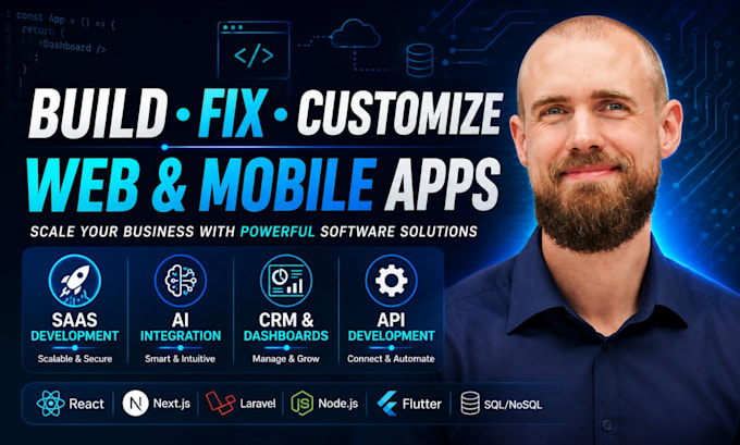 build fix customize saas web app CRM dashboard react laravel flutter nodejs