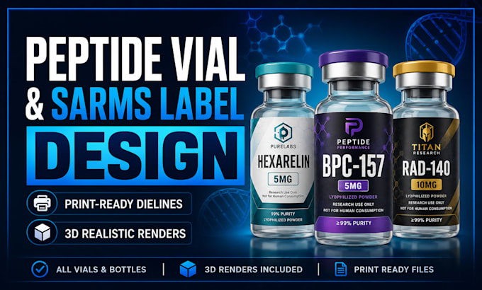 design peptide vial label, sarms bottle label and supplement packaging design