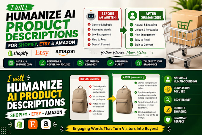 humanize ai product descriptions for shopify, etsy, and amazon