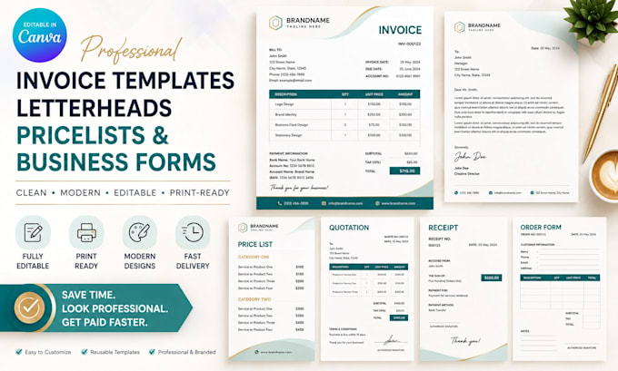design editable canva invoice templates, letterheads, pricelists, business forms