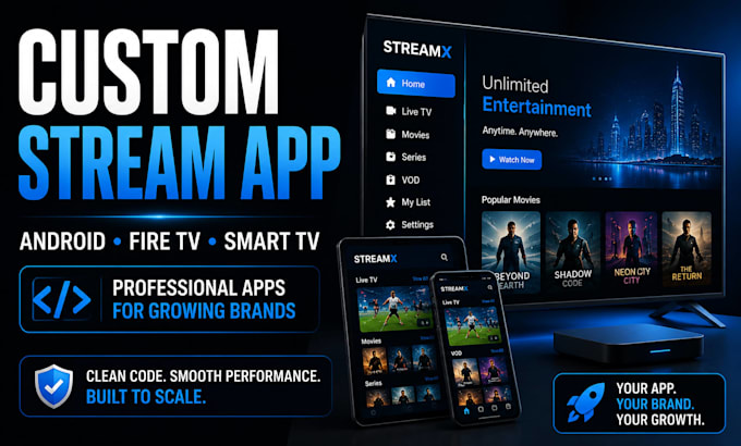 develop a custom iptv app, android TV app, fire TV and  smart TV app