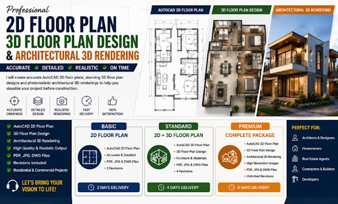 autocad 2d floor plan, 3d floor plan design and architectural 3d rendering
