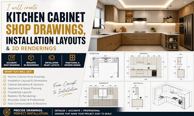 create kitchen cabinet shop drawing installation layout and 3d rendering