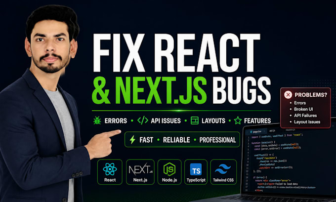 fix react next js and node js bugs or add new features