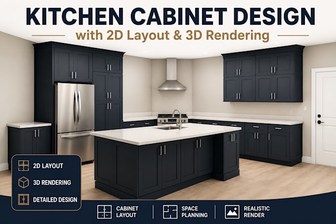 create kitchen cabinet layout and realistic 3d design for remodeling project