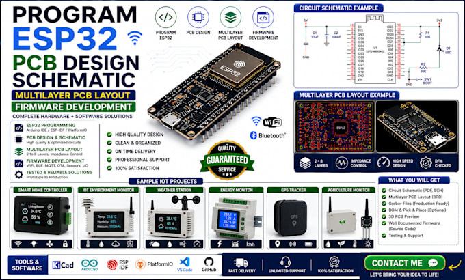 program esp32 pcb design, schematic multilayer pcb layout, firmware development